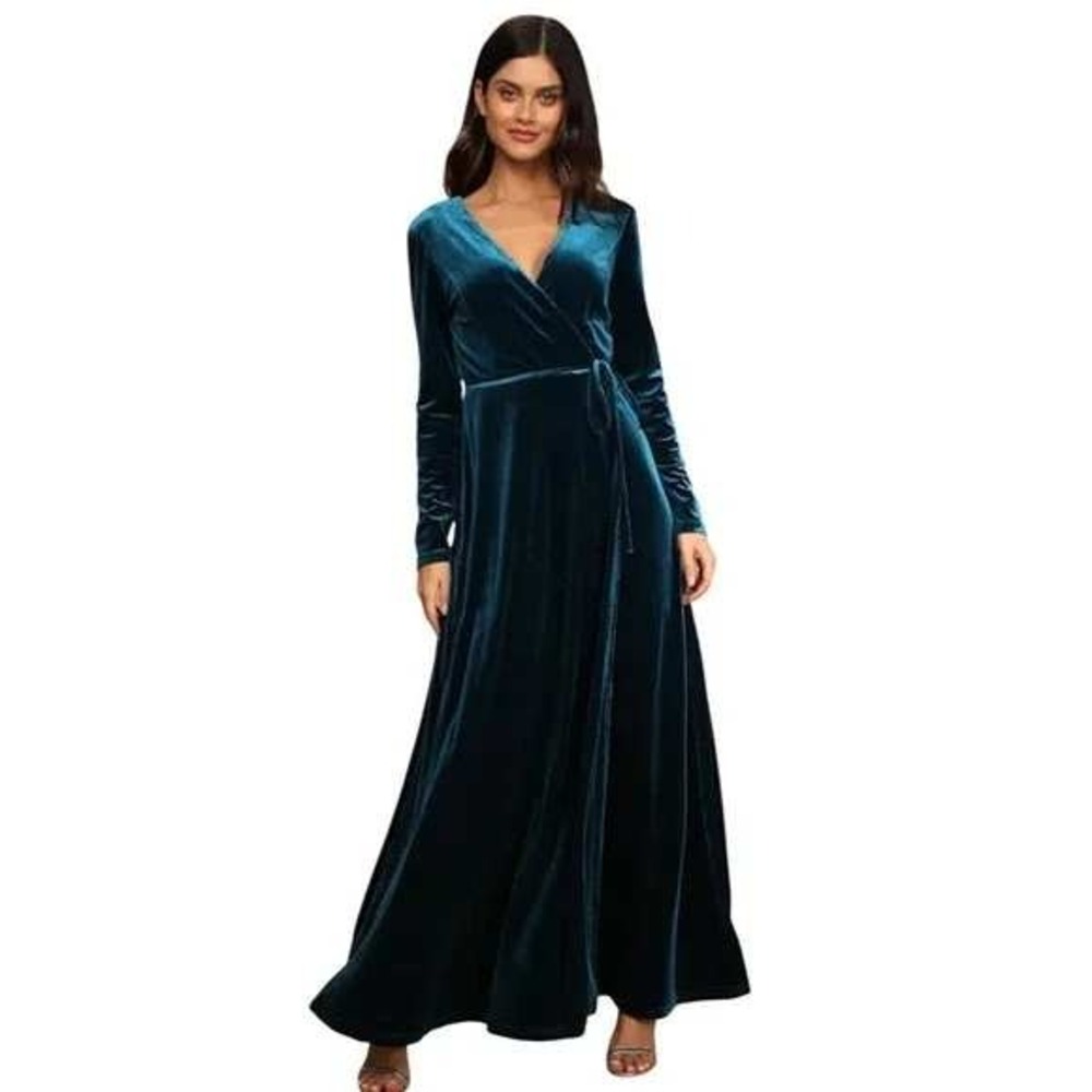 Lulus Jacinda Teal Blue Velvet Wrap Maxi Dress‎ Women's Size Small